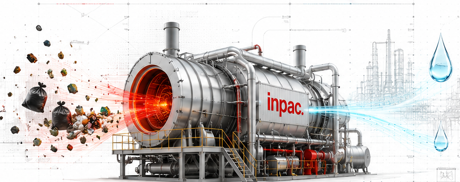 INPAC modular thermal pyrolysis reactor turning mixed waste into clean energy and water output